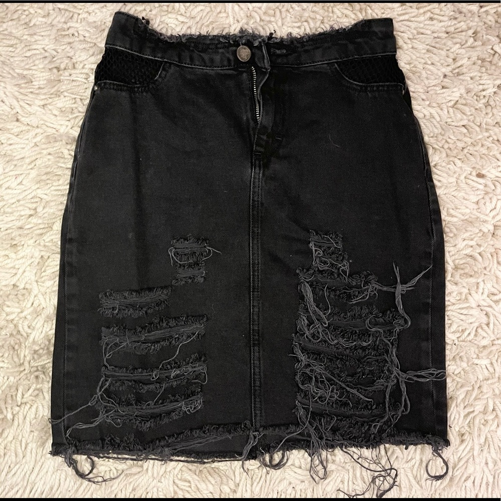 Black denim distressed skirt